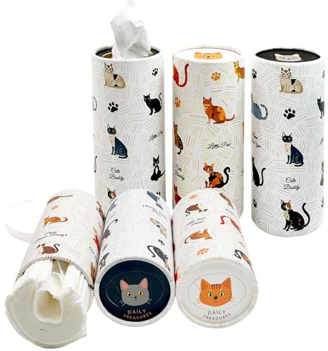Daily Treasures 6 Pack Car Tissue Holder with Facial Tissues, Cute Tissue Holder for Car Cup Holder, Facial Tissues Box, Refill Cylinder Tissues for Travel Bathroom Home (Cat, 2 Styles)