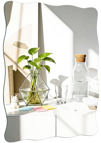 ROYUEXT Wellenspiegel selbstklebend fürs Badezimmer, 40×30cm rahmenloser | Wandspiegel HD Bilder, dekorativer Wandspiegel für Wohnzimmer, Gäste-WC, Schlafzimmer
