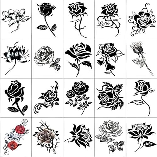 20 Stk Temporäre Tattoos,Fake Tattoos,RoseTattoo Temporär,Tattoo Aufkleber Erwachsene,Wasserdichte Weibliche Schwarze Rose Kleines Muster Abdeckung Narbe Schlüsselbein Arm Simulationsaufkleber