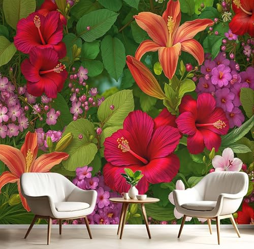 DLERFLOVR Tropical Flowers Wall Paper, 250x175cm Photo Wallpaper Lily, Hibiscus, Geranium Poster Picture Design Modern Wall Mural Decoration for Living Room Bedroom Office, Bright Red