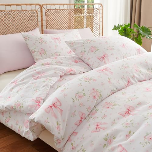 Tospass Housse de Couette 240x260 Noeud Papillon Blanc Rose Fleurs Parure de Lit 2 Personne Fille Adultes avec Fermeture Éclair Housse Couette en Microfibre avec 2 Taie d'oreiller 65x65cm