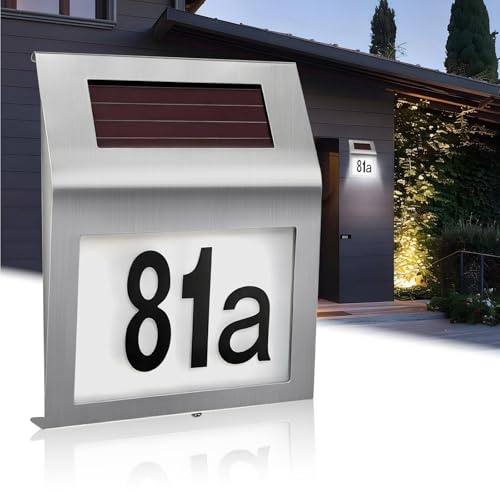 ZCLIKEU Solar Hausnummer Beleuchtet Edelstahl – 2 LEDs für Außen mit Dämmerungsschalter & IP65 Wasserdicht, inklusive Nummern 0-9 & Buchstaben a-h, Ideal für Haus/Garage/Tor
