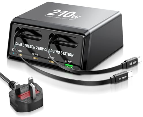 Puiseno 6 in 1 USB C Fast Charger, 210W USB Charging Station Hub (2xUSB-C Cable + 3xUSBC + 1xUSBA), MultiPort Laptop Charger Block Compatible with MacBook Pro/Air, i-Pad, iPh0ne, Galaxy S25 usw
