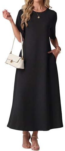 GRECERELLE Women Dresses Crew Neck Short Sleeve Loose Maxi Dress with Pockets Ladies Casual Dresses A Line Elegant for Summer Spring Party Weddings Holidays