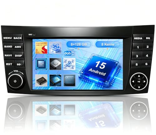 Qiiken 8+128G Android 15 Autoradio mit Qualcomm Chip für W211 W219 Radio | 7 Zoll 8 Kerne mit CarPlay, Android Auto,Canbus, Unterstützung DAB, DVR, CVBS, TPMS, für Mercedes E-Klasse W219 Autoradio