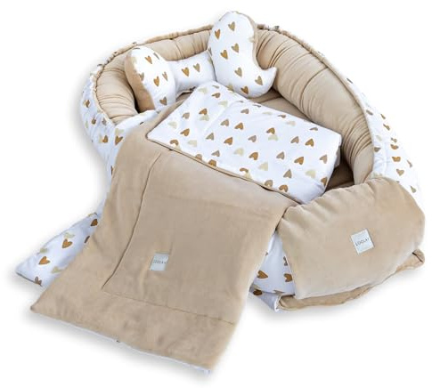 LOOLAY Babynest, Nestchen für Neugeborene – Baby Nestchen 91 × 63 cm mit Decke, Tragbares Nest aus Samtvelours & Baumwolle (BEIGE Velour/Herzchen Beige)