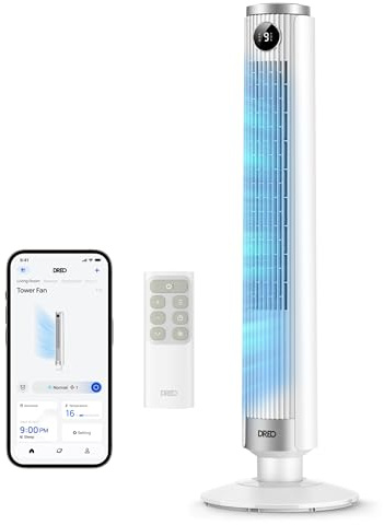 Dreo Ventilador de torre inteligente 554S, ventilador de pie ajustable 102–114 cm, 8.4 m/s, oscilación 90°, silencioso 20 dB, 9 velocidades, 4 modos, temporizador 12 h, compatible con Google y Alexa