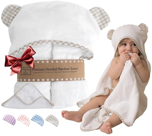Channing & Yates Premium Organic Baby Towel Set - Soft Viscose Bamboo Hooded Towel & Washcloth - Girl & Boy Bath Essentials (Beige/White)