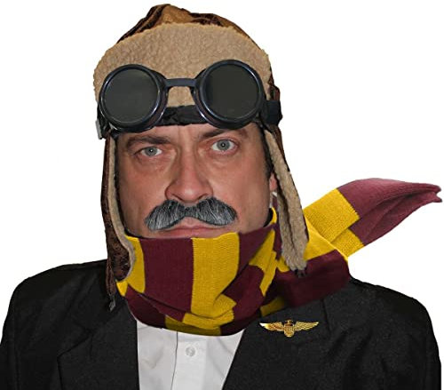 Kostüm für Erwachsene, 1940er Jahre, Fliegermütze, brauner Fliegerhut im 2. Weltkrieg, Accessoire in Lederoptik, gestreifter Schal, Mütze und Brille (kastanienbraun/gold)