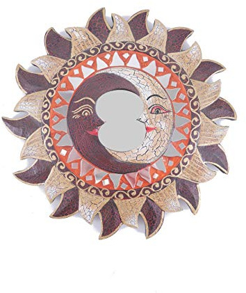 Artisanal Ethno-Spiegel in Sonnenform, Motiv Mond, Durchmesser 25 cm