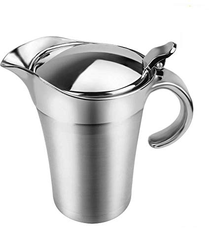 ShineMe Stainless Steel Gravy Boat Sauce Jug with Lid, Double Wall Insulated, Storage for Gravy or Cream, Used at Home & Kitchen (15oz)