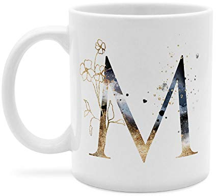 printplanet - Tasse mit Buchstabe: M - Kaffeebecher, Mug, Becher, Kaffeetasse, Beidseitiger Druck - Farbe Weiß