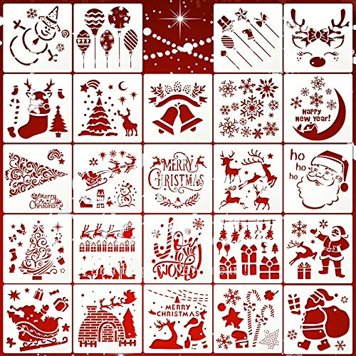 24 Stücke Weihnachten Schablonen Vorlage Wiederverwendbare Kunststoff Handwerk Malschablonen für Zeichnen Sprühen Tagebuch Vorlage, Holz, Felsen, Weihnachtskarte (Süßes Muster)