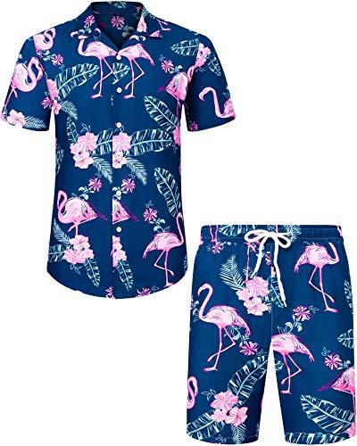 J.VER Mens Beach Hawaiian Shirt and Shorts Set Regular Fit Funky Flamingo Short Sleeve Holiday Shirt and Shorts Set Flower Button Down Summer Floral Party Blue XXL
