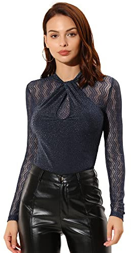 Allegra K Women's Party Tops Twist Neckline Sheer Mesh Long Sleeve Glitter Blouse Dark Blue L-16