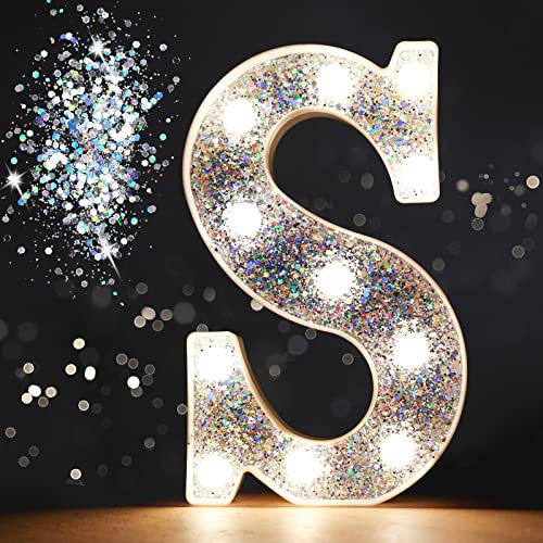 Pooqla LED Marquee Letter Lights, Light Up Silver Letters Glitter Alphabet Letter Sign Battery Powered for Night Light Birthday Party Wedding Girls Gifts Home Bar Christmas Decoration, Silver Letter S