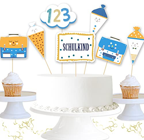 Schulanfang Tortendeko, 15 Stück Cupcake Toppers zur Einschulung, Schuleinführung Kuchen Muffins Dekorationen für Junge Mädchen 1. Schultag Party Deko - Beidseitig Bedruckt