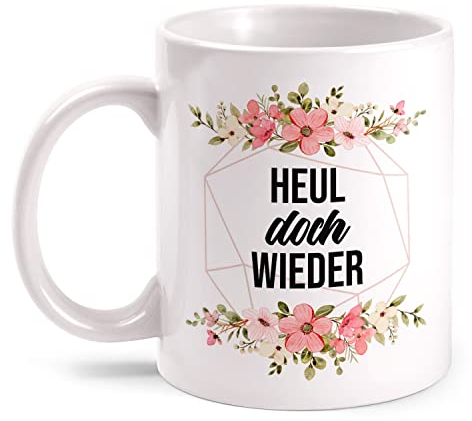 Fashionalarm Tasse Heul doch Wieder beidseitig Bedruckt mit lustigem Spruch & Blumen Motiv als Geschenk-Idee für Freunde Kollegen Arbeit, Weiß 330ml