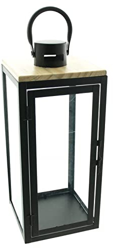 FRANK FLECHTWAREN Laterne Modern, Mattschwarz lackiertes Metall, Glas, Holz, Maße: 16 x 16 x 38 cm