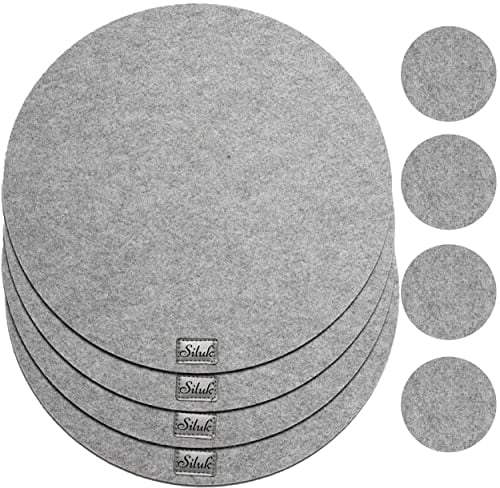 4-Teiliges Set aus Filz Tischuntersetzer Platzset Tischläufer, Platzdeckchen abwaschbar Filzmatte (Rund + 4 Tassenuntersetzer, Grau)