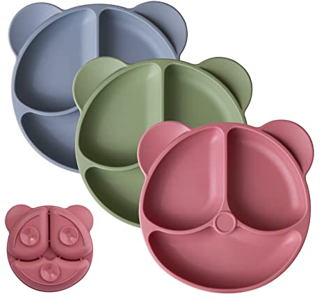 Baby Teller Silikon 3-Pack, Kleinkind Teller Silikon Rutschfest Geteilte Babyteller Saugen für Kinder Kleinkind Selbst Füttern, Geschirrspüler und Mikrowelle Safe