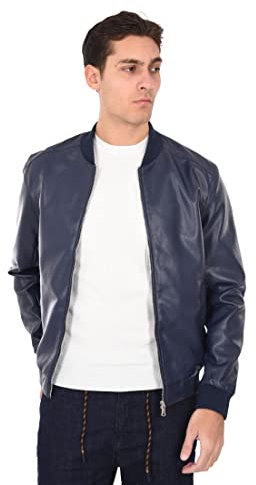 Ciabalù Giubbotto Uomo College in Eco Pelle Giubbino Biker Simil Pelle Slim Fit (XXL, Blu)