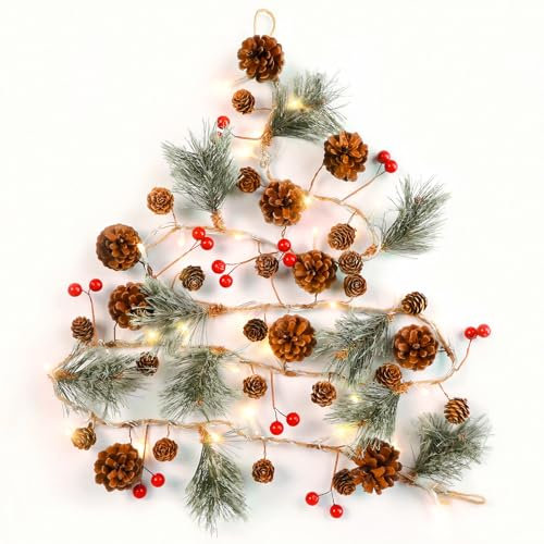 SHareconn Weihnachtsgirlande, mehrfarbige Lichter und Fernbedienung, Tannenzapfen und rote Beerenschnur, beleuchtete Lichter für Kaminsims, Treppen, Kamin, Weihnachtsdekoration, Innen- und