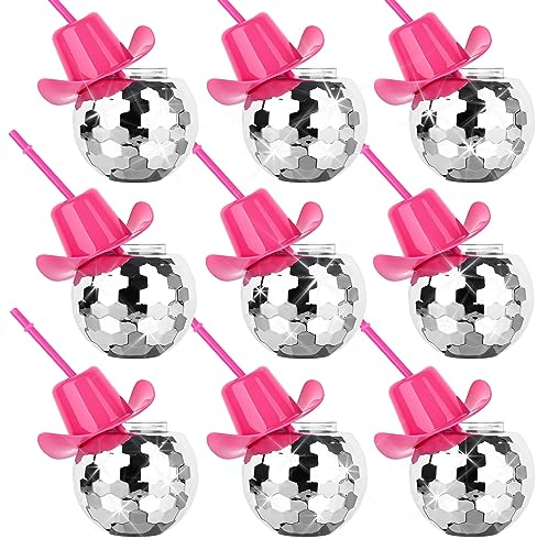 MAKCNMYM 9 PCS Disco Ball Cups Pink Cowgirl Hat Mirror Party Cup with Straws Silver 70s Cocktail Cup Sparkling Tumbler Wine Glass for 1970s Bar Dance Cowboy Bachelorette Party Decorations Supplies