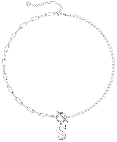 TINGN Halskette Damen Perlenkette Silber, Büroklammer Gliederkette Halskette Choker Kette Silber Halskette Perle Ketten Initiale Kette mit Buchstaben Verstellbar Halskette Damen Schmuck Geschenke (S)