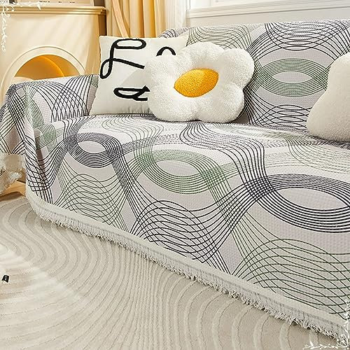 Homxi Sofa Überzug 4 Sitzer Big Sofa,180x380CM,Sofahusse Wellenlinienmuster mit Quasten Leinen Baumwolle Überwurf Sofa Sofa-Handtuch Schwarz Grün Sofahusse Universel
