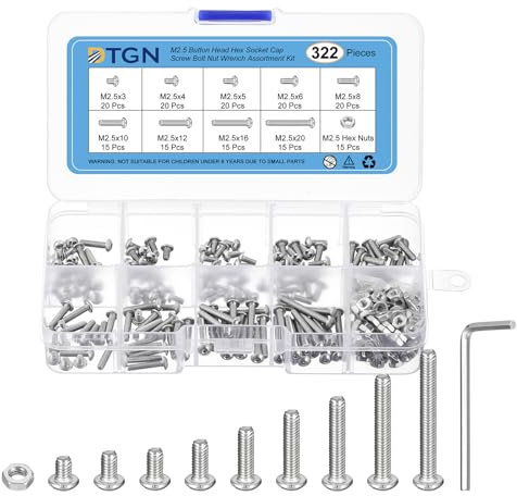DTGN 322Pcs M2.5 Button Head Hex Socket Cap Screw - 3-20mm Bolt Nut Wrench Assortment Kit 304 Stainless Steel - Good for Machine, Furniture