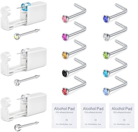 WillTen Nose Piercing Kit mit Nasenringen, 3 Pack selbst Nase Piercing Pistole, Einweg Sicherheit Nase Piercing Kit mit L-Form Nase Ringe Stud CZ Nase Piercings Gun Kit Tool