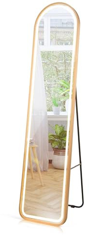LIFEZEAL Miroir sur Pied avec Lumières LED, Miroir Pleine Longueur Arrondi avec Cadre en Aluminium Doré, Grand Miroir Mural, 37 x 38 x 155 cm, pour Salon, Chambre (Rond)