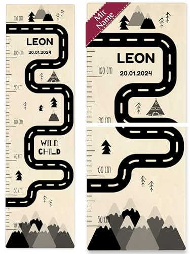 Shirtracer Messlatte Kinder personalisiert Straße Berge mit Name | Holz, 50 - 110 cm, Größe, Dekoration, Geschenk, Messleiste, Wand-Deko, Reise, Ferien, Fernweh, Wandern, Wanderweg, Trekking