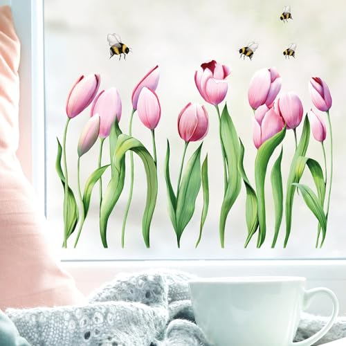 Wandtattoo Loft Fensterbilder Frühling mit Tulpen & Bienen Oster Motiv – A4 Bogen, Wiederverwendbar – Frühlingsdeko Fenster, Frühlingsbild Fenster, Fensterdeko Frühling, Fensterfolie Frühling