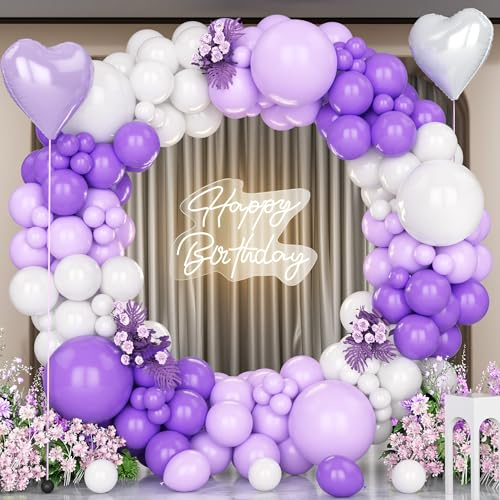 Unisun Kit Arco Palloncini Viola Bianchi, 147 Pezzi Ghirlanda Palloncini Viola Bianco Pastello con Palloncini Foil a Cuore per Feste Compleanno Deco Matrimonio Anniversario Baby Shower Fidanzamento