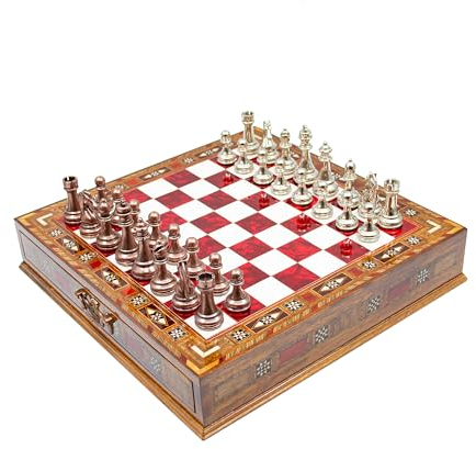 GrandGiftStore Handmade Chess Set with Drawer And Cooper-Silver Chess Pieces, Wooden Chess Board with Storage, Premium Chess Set/Red
