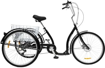 26 Zoll Schwarz Dreirad für Erwachsene Aus Hochkohlenstoffstahl, 6 Gang, Vorderen Und Hinteren Bremsen,Radgröße 66cm Fahrrad Mit Korb, O-Typ Antikollisionsstrahl