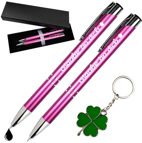 SHENSAIGO 2 Stück Inspirierende Druckkugelschreiber mit Gravur, Geschenk aus Metall, Glücksklee, Geschenk zur Prüfung, hochwertiger Kugelschreiber für Büro, Schule