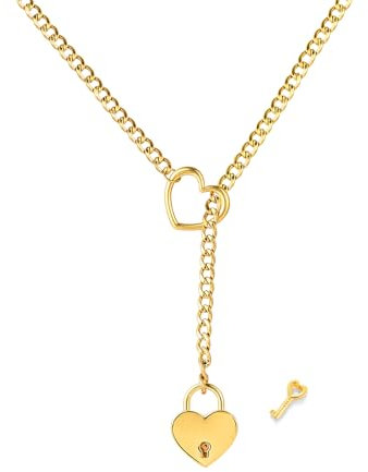 XYTDM Heart O Ring Slip Chain Choker Necklace for Women Men Stainless Steel Cuban Chain Y-shape Necklace Punk Rock Collar Adjustable Lariat Y Prom Jewelry (Gold lock)