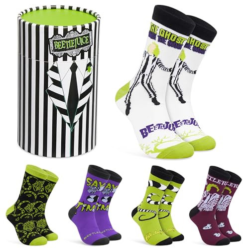 BEETLEJUICE Men's Calf Length Socks, Pack of 5 Soft Breathable Funny Socks for Adults Teenagers - Gifts for Him