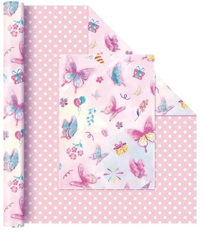 WERNNSAI Geschenkpapierrolle mit rosa Schmetterlingen – 1 Rolle 43 cm x 10 m Schmetterlingsfee Geschenkpapier für Frauen und Mädchen Geburtstagsgeschenkrolle für Hochzeit, wendbares Tupfendesign