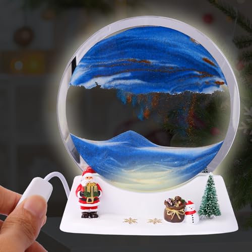 Szoranct Weihnachts-Elemente Sandbilder Zum Drehen Mit LED Licht, 3D Dynamisches Sandbild, Runde Glas Rahmen, Bewegliche Sandkunst Landschaft, Sandbild Sanduhr für Büro Deko(7, Blau mit Licht)