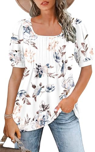 WNEEDU Ladies Tops Square Neck T Shirts for Women UK Summer Puff Short Sleeve Blouses Pleated Tunic Tshirts Flowy Elegant Casual Tee White Flower XL