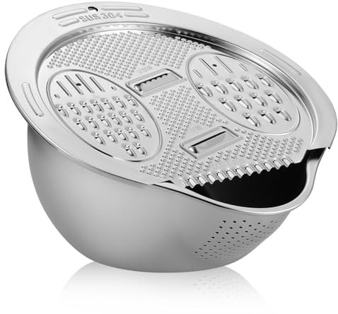 HOLIDYOYO Cuenco colador de arroz 4 en 1, de acero inoxidable, rallador, picadora de verduras, con siete escurridores laterales, para ensaladas, cuenco de quinua