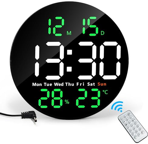 Lafocuse Orologio da Parete Digitale 25CM LED Grande Display, Numeri Facile da Leggere con Telecomando, Temperatura, Calendario, 2 Allarme, Luminosità Regolabile per Casa Cucina Soggiorno, Verde