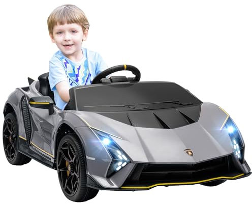 AIYAPLAY 12V Lamborghini Autentica Licensed Kids Electric Car Age 3+ with Butterfly Doors, Ride on Car with Remote Control, 4 Suspension Wheels, Soft Start, LED Lights, Music, Horn, Grey