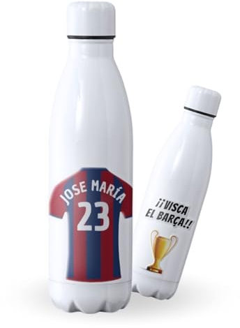DEREGALOOS Botella de agua de Acero Inoxidable Personalizada equipo de Fútbol Barcelona. Botella termo personalizada deportiva. 500 ml Regalo Original para Aficionados del Futbol. (Barcelona)