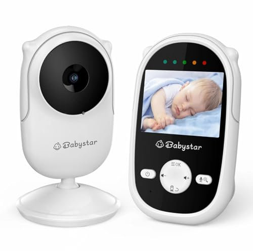 Babystar baby monitor con telecamera e visione notturna, video baby monitor wireless a 2,4 GHz con batteria ricaricabile, conversazione bidirezionale, schermo da 2,4 pollici, modalità ECO, ninne nanne