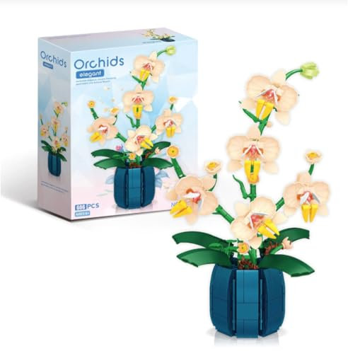 Yunigzmy Ensemble de Bouquets, Mini-Blocs de Construction pour Orchidées, Phalaenopsis, Kit de décoration intérieure (616 pièces) (Bleu)